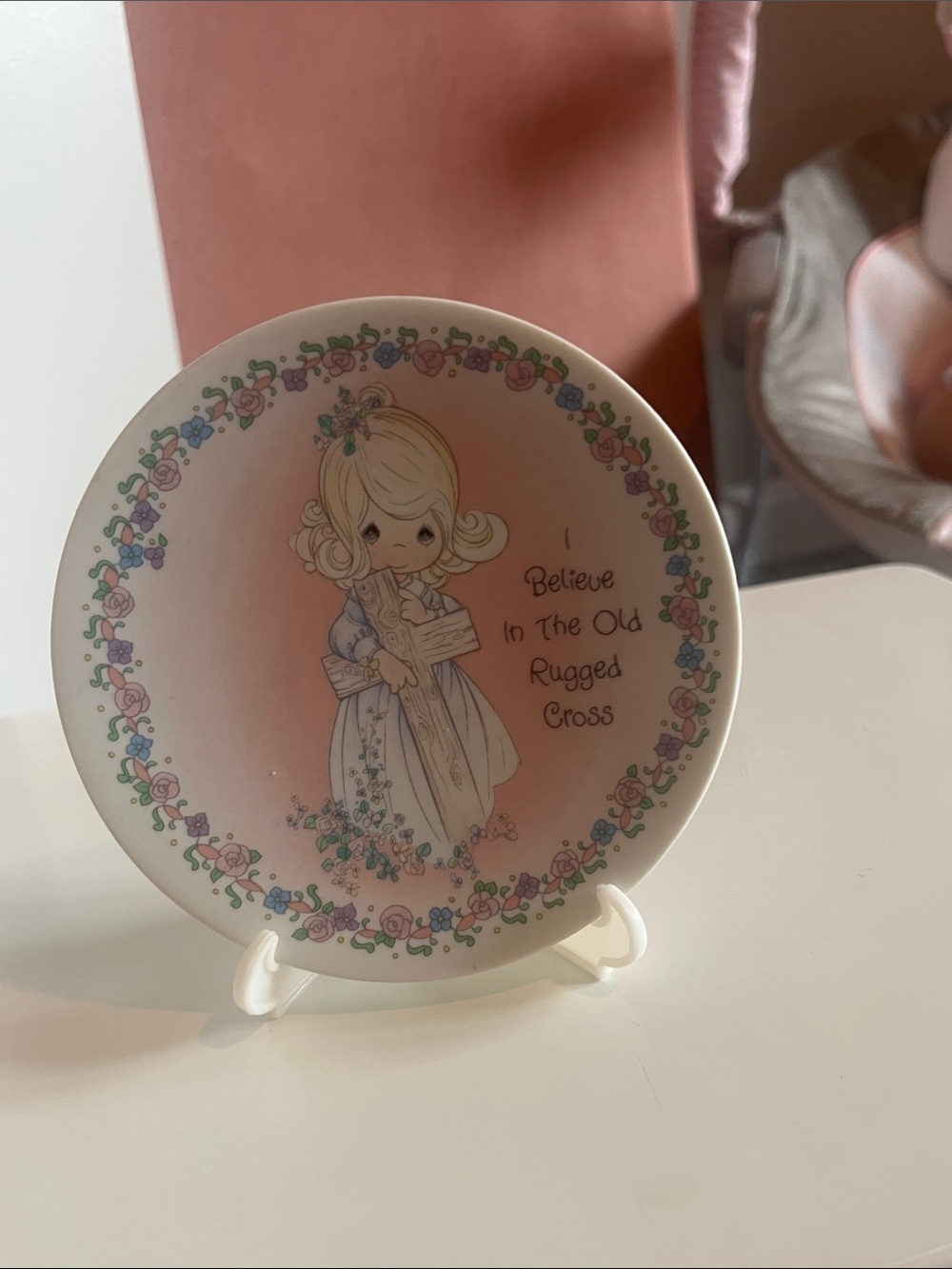 Precious Moments Pink Floral 'Believe In The Old Rugged Cross' Decorative Plate
